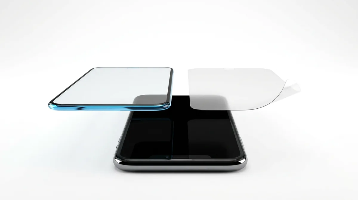Ein Smartphone von oben, darüber schwebend eine Platte gehärtetes Glas mit sichtbar dicker Kante und daneben eine dünne, sich wellende Kunststofffolie